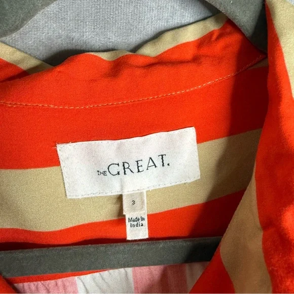 The Great. The Bowling Button Down Shirt Blouse In Sunset Stripe Orange Size 3 L - Picture 5 of 8
